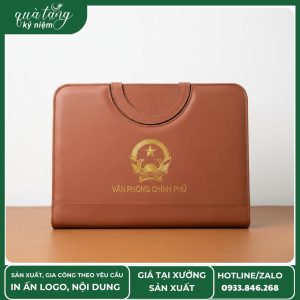Cặp đựng hồ sơ tài liệu da màu nâu bò in logo Văn phòng Chính phủ